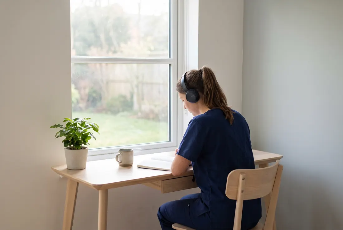 A nurse in scrubs studying at a desk by a bright window